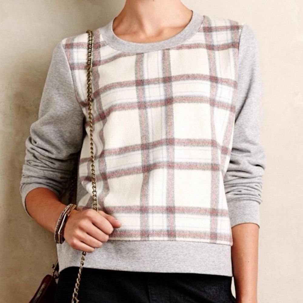 Anthropologie Sweatshirt Saturday Sunday Windowpane Plaid Pullover Size Small